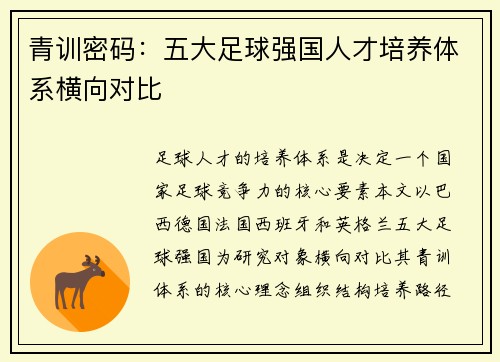 青训密码：五大足球强国人才培养体系横向对比